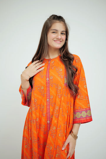 GBD-02649 | Orange & Gold | Casual Plus 3 Piece Suit  | Cotton Lawn Printed